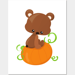 Thanksgiving Bear, Cute Bear, Little Bear, Pumpkin Posters and Art